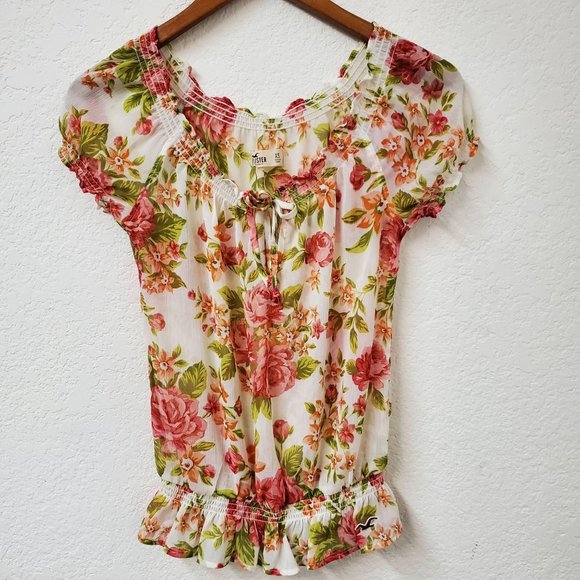 Hollister Peasant Style Top Short Sleeve Tie Front - Picture 1 of 5
